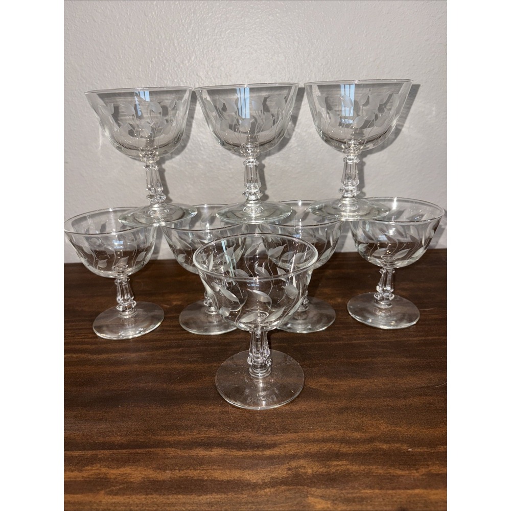 8 Libbey Rock Sharpe "Crystal Leaf" Wine Glass Goblet 4.5"